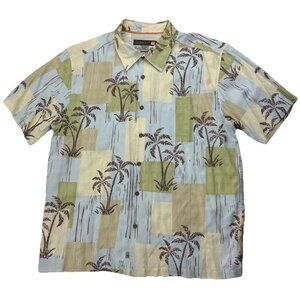 Quiksilver Waterman Mens XXL Hawaiian Shirt Palm Trees Blue Green Beige